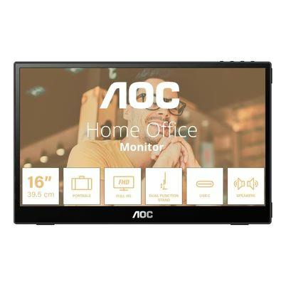 Monitor Aoc 16t3e (15.6") Panel Ips Resolución (1920x1080) Pixeles Tiempo De Respuesta 4 Ms Interfaz Hdmi, Displayport Tipo De Hd Full Hd Color Negro