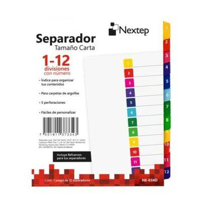Separador Nextep Ne-034d Con 12 Divisiones Con Numero 5 Perforaciones Compatibilidad Para Carpetas De Argollas Incluye Refuerzos Para Separadores Colores Variados