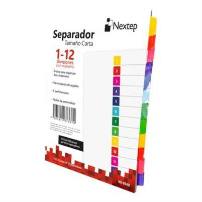 Separador Nextep Ne-035d 12 Divisiones Sin Numero 5 Perforaciones Compatibilidad Para Carpetas De Argollas Incluye Refuerzos Para Separadores Transparente