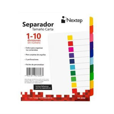 Separador Nextep Ne-035z Con 10 Divisiones Sin Numero 5 Perforaciones Compatibilidad Para Carpetas De Argollas Incluye Refuerzos Para Separadores Colores Variados